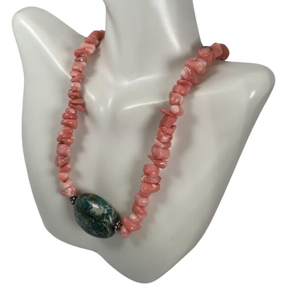 Pink Coral Chunky Turquoise Pendant Necklace 19" 925 Sterling Silver Boho - Picture 13 of 16